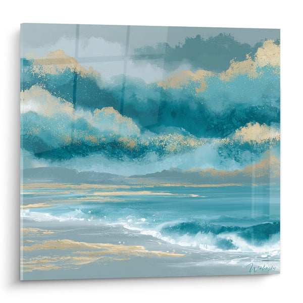 Tableau Vagues bleu sarcelle aux reflets dorés - Écume et lumière - Edition style Peinture abstrait