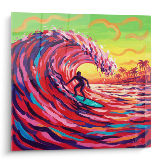 Surfeur en silhouette violette glissant dans une vague rouge et rose sur planche turquoise