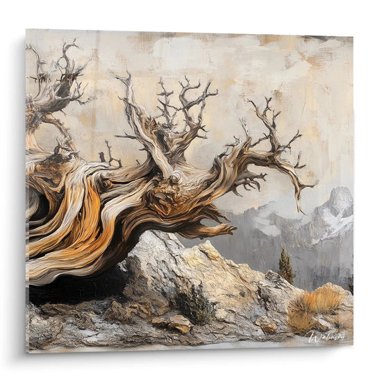 Un tableau arbre ancien présentant un tronc noueux aux teintes dorées et marron, avec des branches dénudées s'élevant contre un fond de montagnes grises et brumeuses, affichant une texture rugueuse et des détails minutieux de l'écorce.
