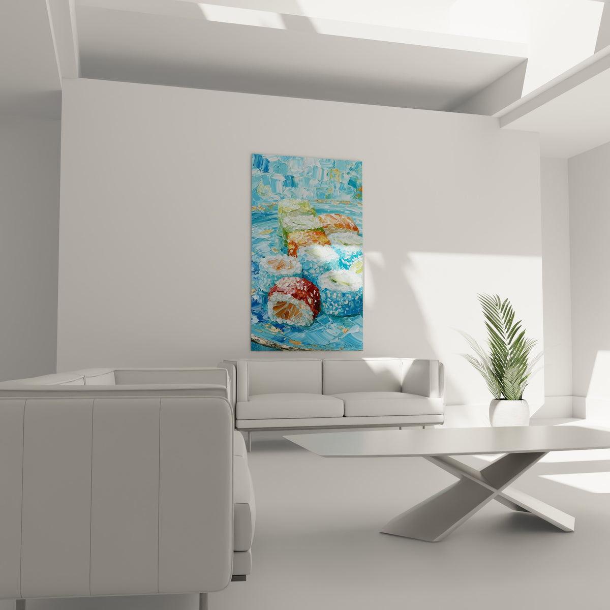 Composition de makis corail et crème disposée au-dessus d'un canapé dans un salon lumineux