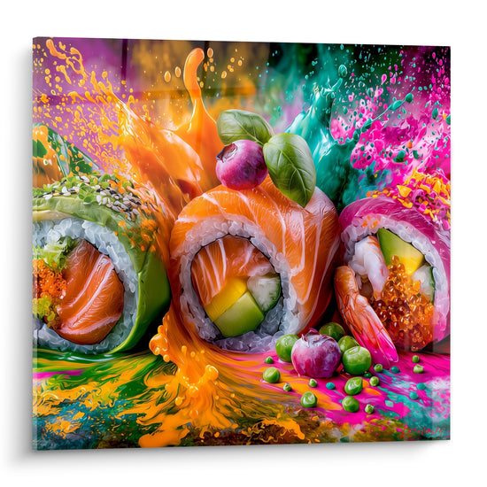 Makis saumon et avocat éclaboussés d'orange, rose et turquoise, présentation artistique vive