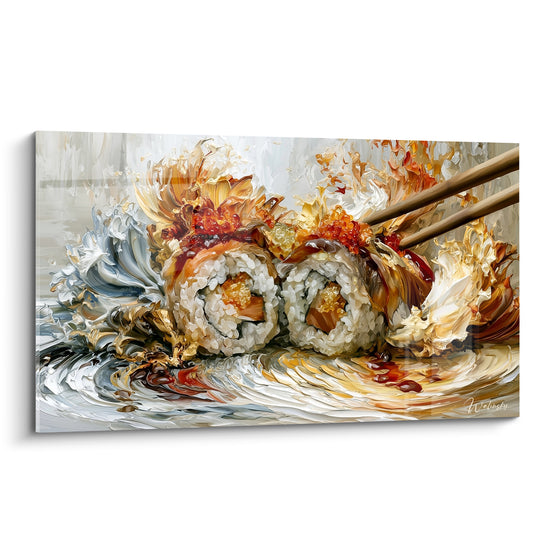 Rouleaux de sushi blanc et orange saisis aux baguettes, empâtements texturés sur fond gris tourbillonnant