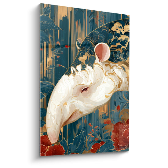 Tableau Tapir blanc bleu pétrole fleurs rouges - Songe oriental - Edition Tapir
