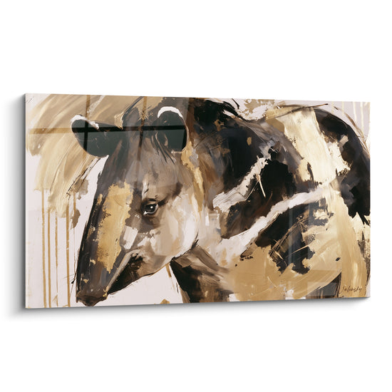 Tapir peint en profil, museau allongé, pelage doré et anthracite aux empâtements texturés