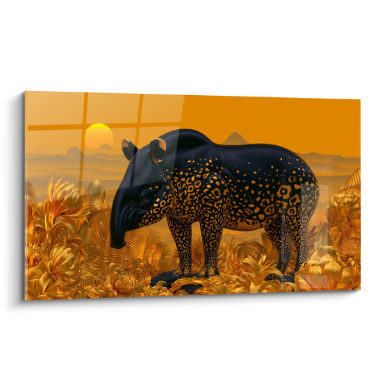Tapir noir aux taches dorées se détachant sur un fond orange flamboyant et végétal