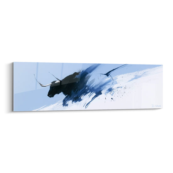 Taureau anthracite aux cornes blanches jaillissant d'une traînée bleu marine sur fond pastel