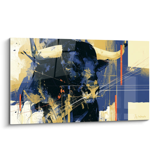 Taureau bleu marine aux cornes dorées, traits graphiques et éclats orange sur fond sable