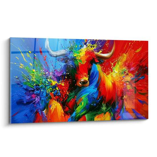 Taureau bleu et rouge aux cornes blanches, éclaboussures de peinture au couteau vibrantes