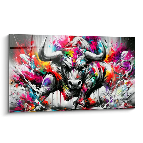 Taureau noir et blanc chargeant, cornes dressées, éclaboussures rouge et turquoise sur fond gris