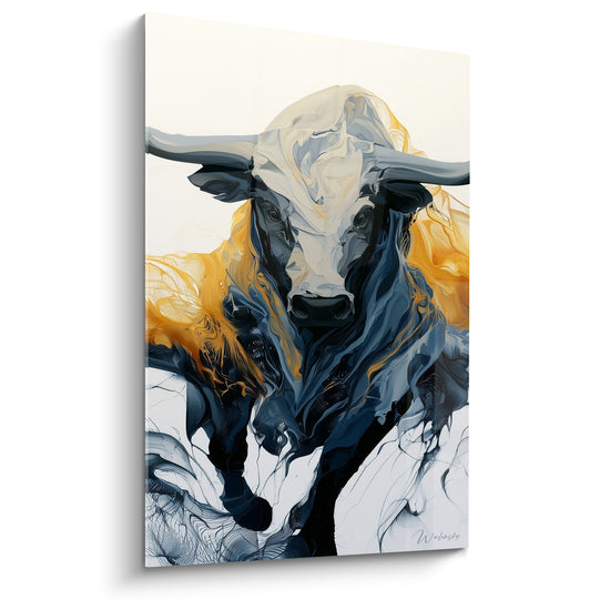 Taureau aux cornes larges, museau noir et pelage bleu marine et doré fondu en volutes.
