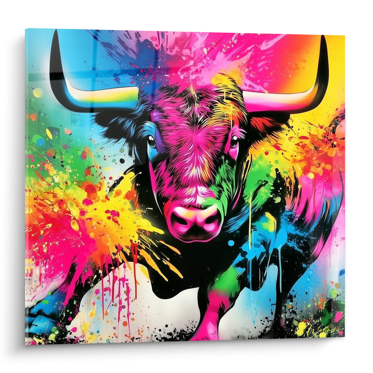 Taureau fuchsia et jaune en explosion de peinture, cornes claires, style pop art urbain