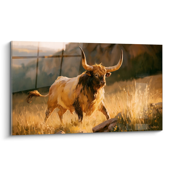 Taureau fauve aux cornes longues dans une prairie ocre baignée de lumière dorée