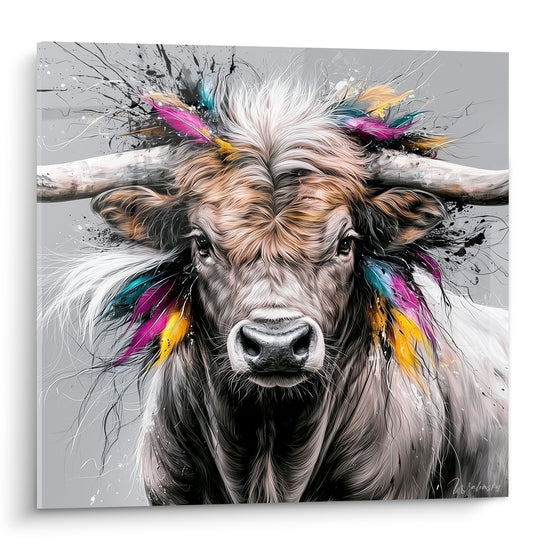 Taureau blanc et brun aux plumes magenta et turquoise sur fond gris uni