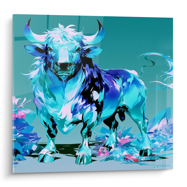 Tableau Taureau turquoise et bleu nuit floral - Présence cristalline - Edition Taureau