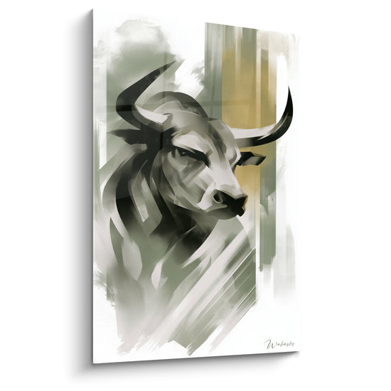 Tableau Taureau aux cornes noires vert sauge - Calme avant la charge - Edition Taureau