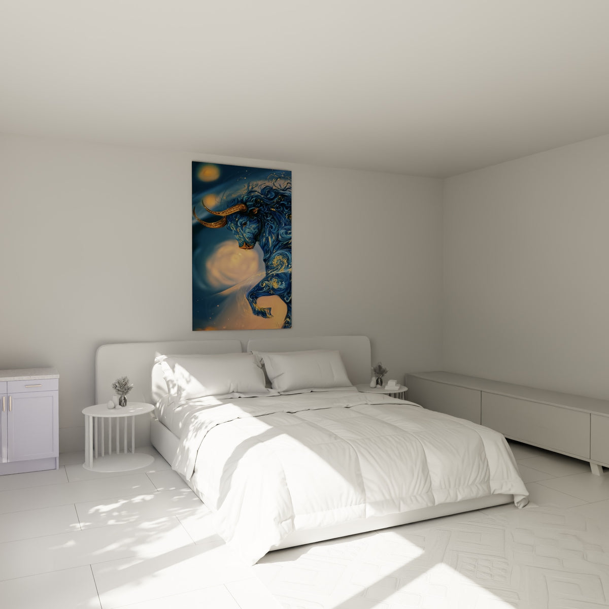 Silhouette de taureau bleu et doré au-dessus d'un lit dans une chambre claire