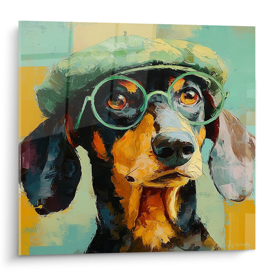 Tableau teckel avec beret vert et lunettes turquoise sur fond colore orange et bleu