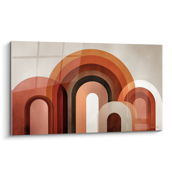 Arches superposées en terracotta, ocre et brun formant une composition graphique architecturale épurée