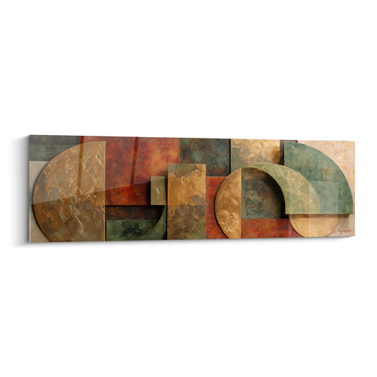 Tableau Terracotta abstrait aux cercles dorés et rectangles rouille texturés en plein cadre