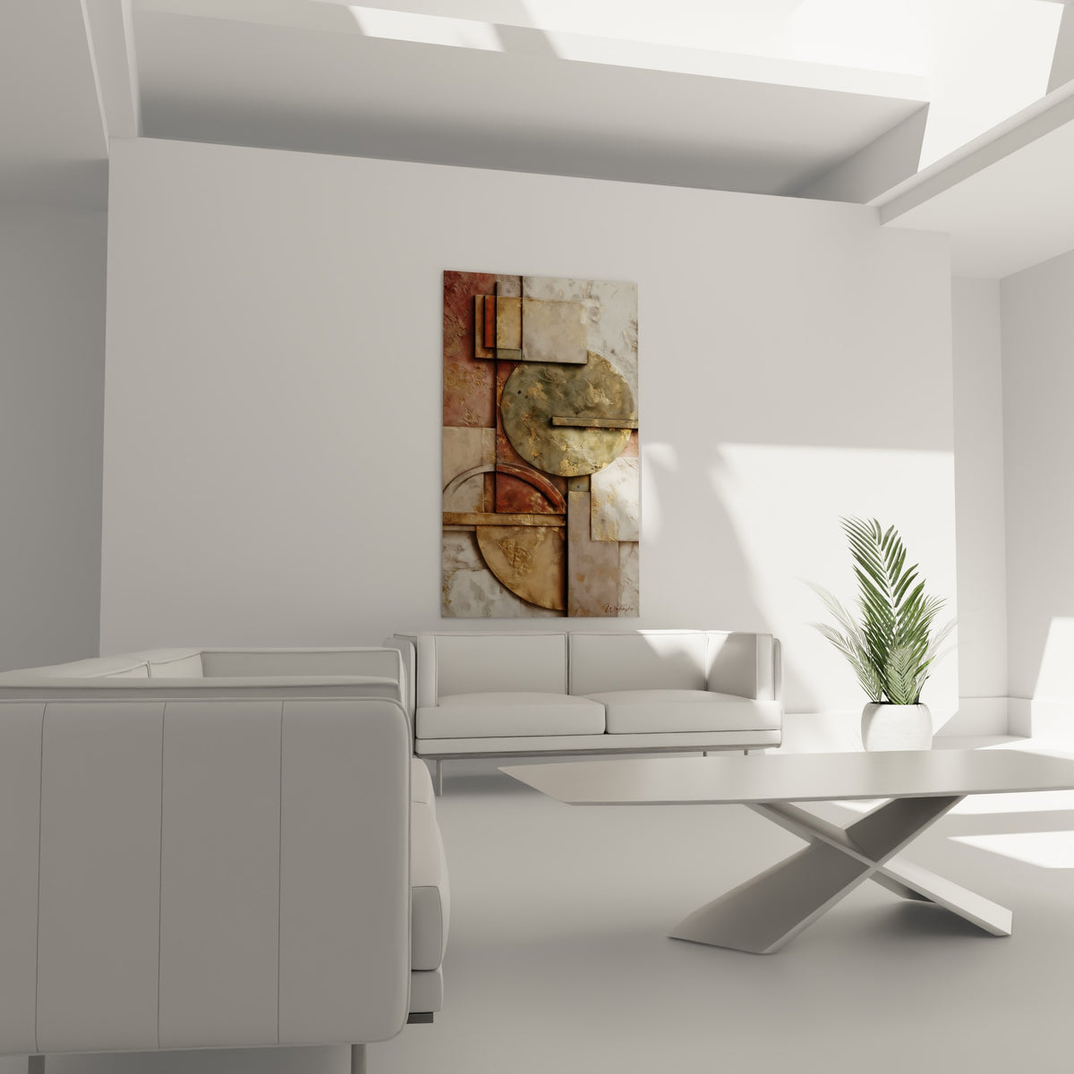 Terracotta aux cercles dorés et beige rosé surplombe un canapé dans un salon lumineux