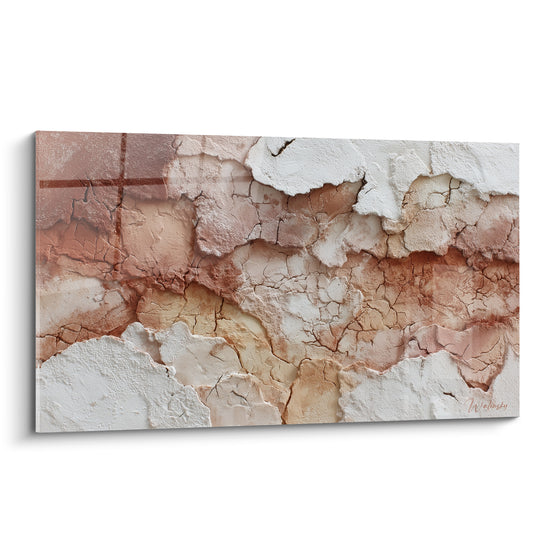 Enduit craquelé terracotta et blanc évoquant un mur ancien fissuré, texture minérale dense et chaude.