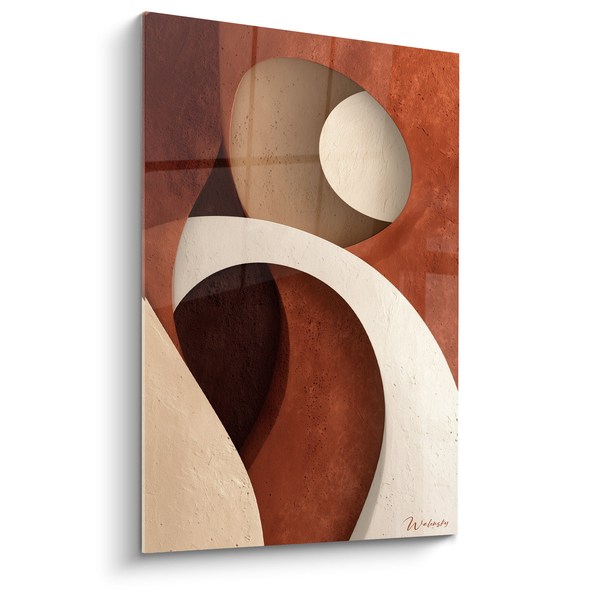 Formes sculpturales terracotta et sable en dégradé brique et beige, texture minérale marquée