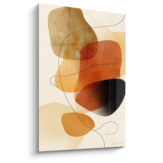Formes abstraites ocre, brique et anthracite reliées par une ligne fine sur fond crème Terracotta