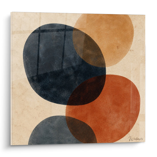 Ovales bleu marine et roux terracotta superposés sur fond beige texturé, composition abstraite graphique