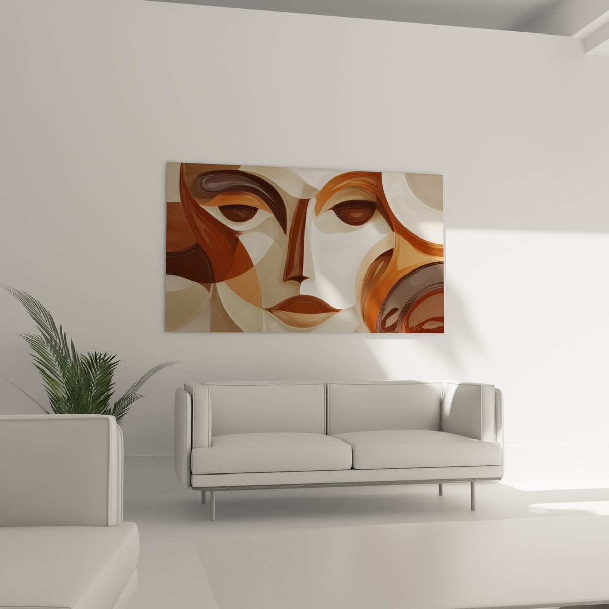 Portrait cubiste terracotta et anthracite composé de courbes fluides, au-dessus d'un canapé dans un salon lumineux