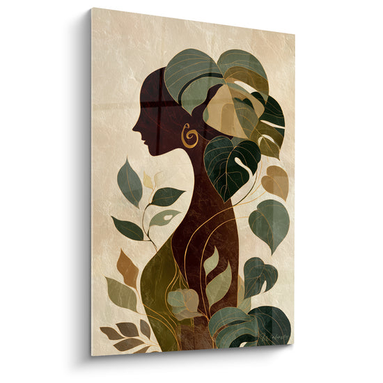 Silhouette féminine terracotta au profil orné de feuillages verts et dorés sur fond ivoire texturé
