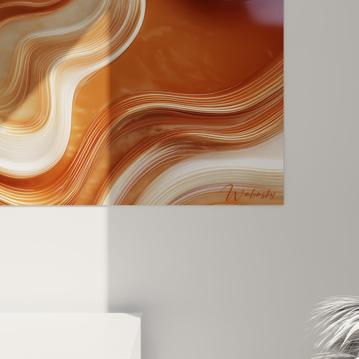 Lignes fines dorées et coulures blanches sur fond terracotta, grain lisse révélant la matière de l'impression