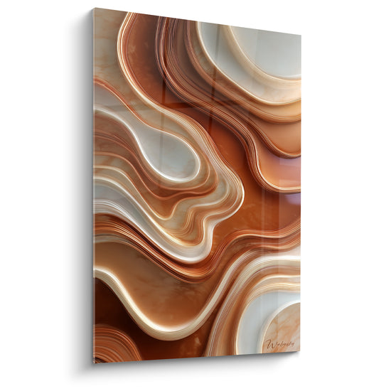 Courbes sinueuses terracotta et crème, motif minéral fluide aux reflets cuivrés lumineux.