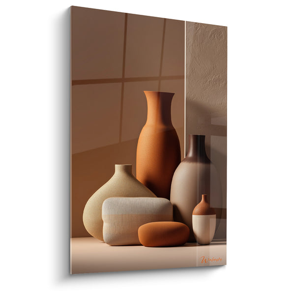 Tableau Vases en céramique orange et beige assemblés - Ombres croisées murales - Edition Terracotta