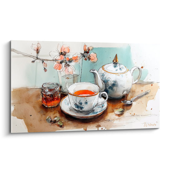 Tableau art de la table aquarelle teintes douces rose corail bleu pastel - Délicatesse japonaise - Edition théière japonaise