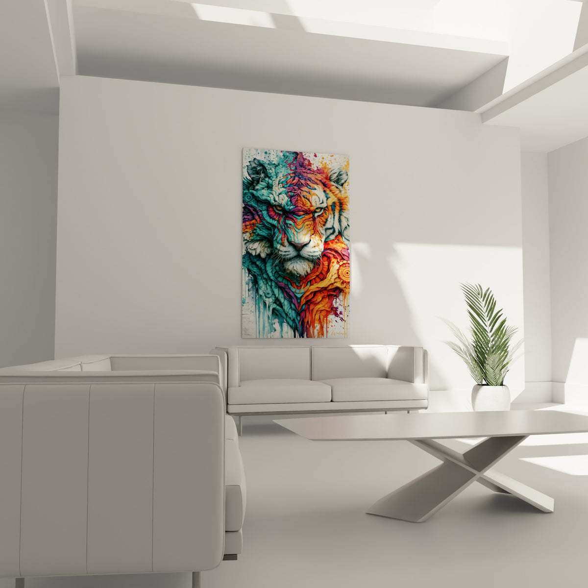 Visage de tigre orange et bleu glacé accroché au-dessus d'un canapé dans un salon lumineux