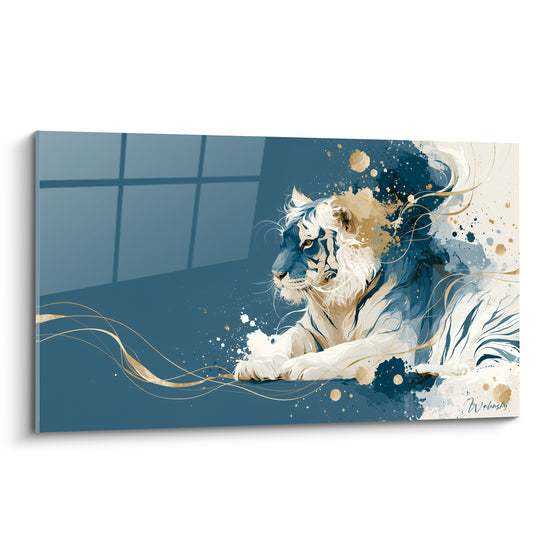 Tigre allongé aux tons bleu marine et doré, regard fixe, éclaboussures picturales sur fond crème