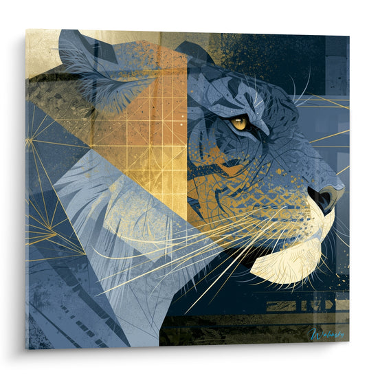 Tigre au regard doré fragmenté en motifs bleu marine et ocre, profil félin graphique et intense