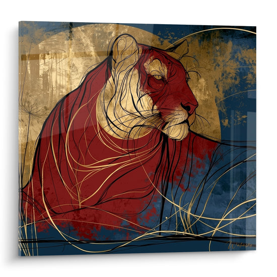 Tigre bordeaux au regard perçant, crinière dorée sur fond bleu marine texturé