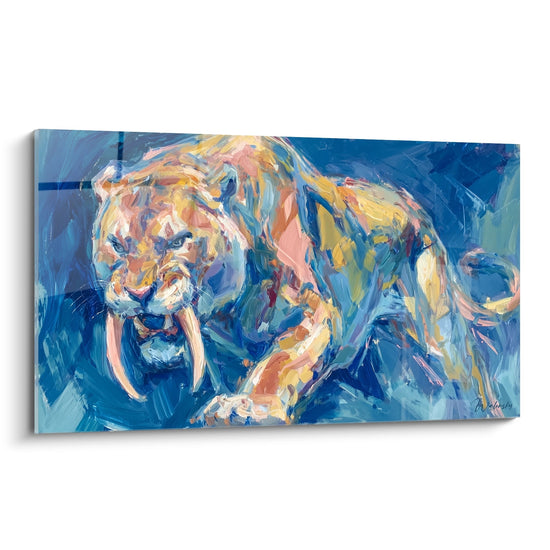 Tableau tigre à dent de sabre peinture huile style impressionniste couleurs vives bleu orange