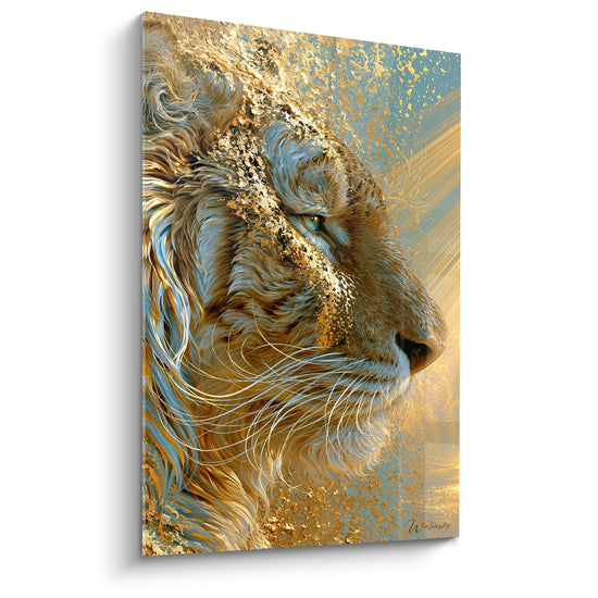 Profil de tigre doré aux mèches bleu pastel, pelage se dissolvant en particules scintillantes