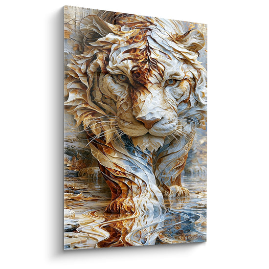Tigre doré aux textures sculptées, regard bleu perçant, pattes dans une eau miroitante blanche