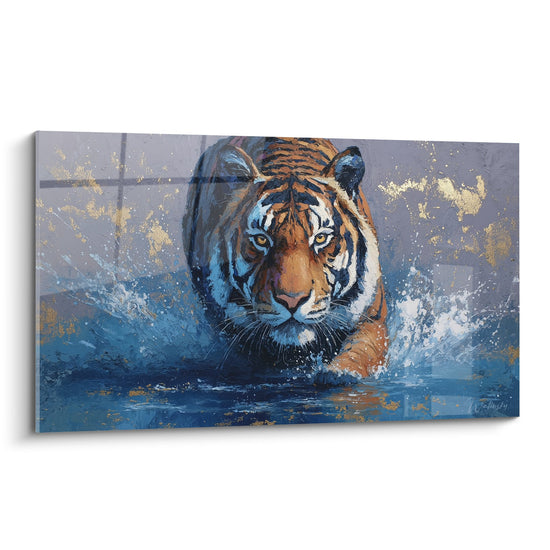 Tableau tigre émergeant de l'eau avec éclaboussures bleues et dorées sur toile moderne