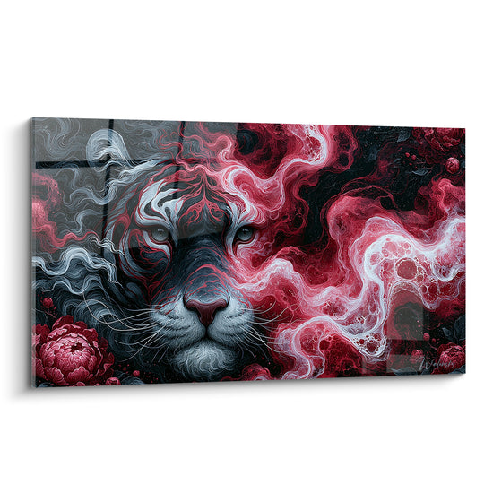 Tigre anthracite au regard clair émergeant de volutes de fumée rouge bordeaux