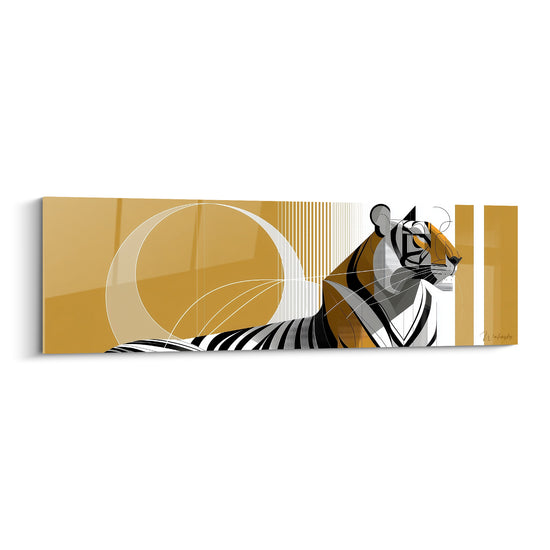 Tigre au profil géométrique noir et ocre doré, corps rayé fusionnant avec cercles abstraits