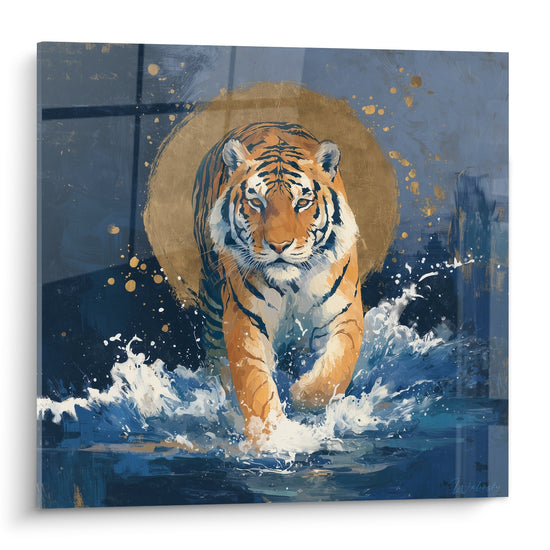 Tableau tigre plongeant eau bleue halo dore eclaboussures blanches art contemporain