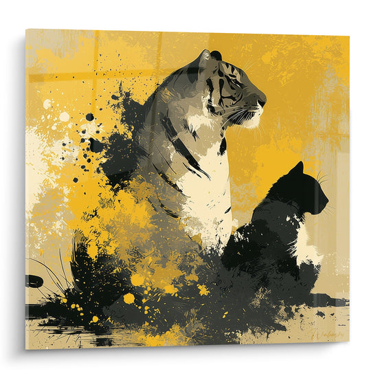 Tigre en profil doré et noir avec éclaboussures graphiques sur fond jaune intense