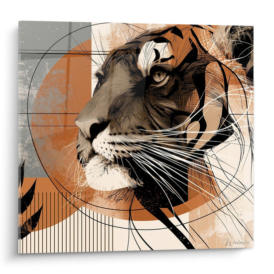 Tigre en profil aux tons terracotta et gris anthracite, trait graphique précis sur fond crème géométrique