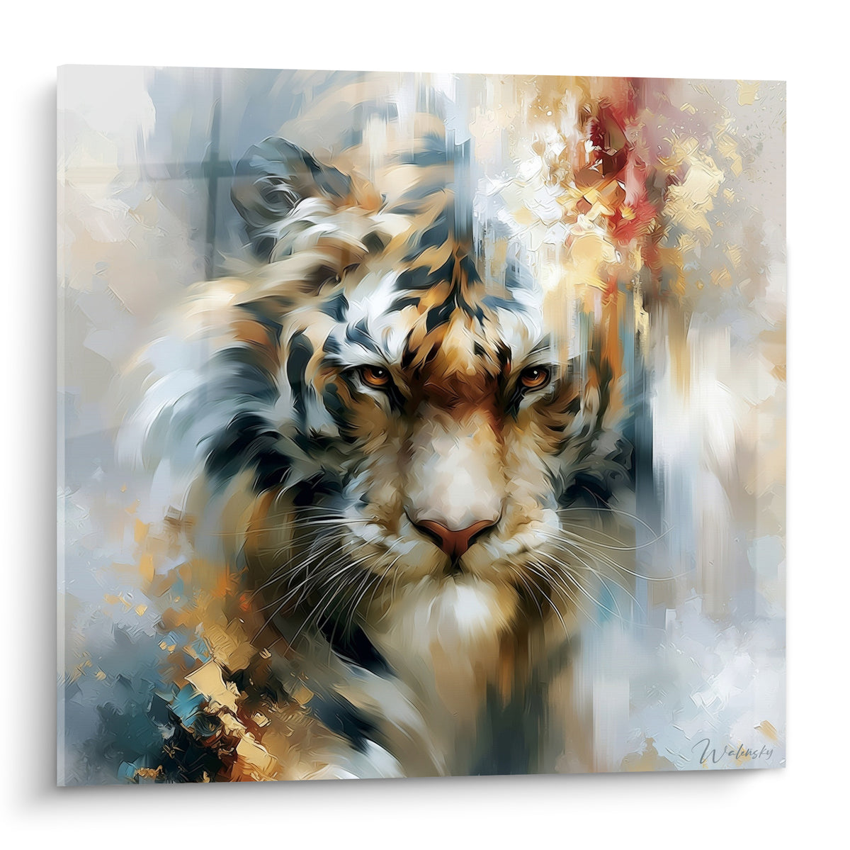 Tigre au regard ambré, rayures anthracite et dorées sur fond bleu givré estompé
