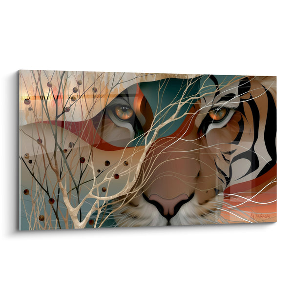 Tableau Tigre visage sarcelle et terracotta branchages - Regard tapi - Edition Tigre