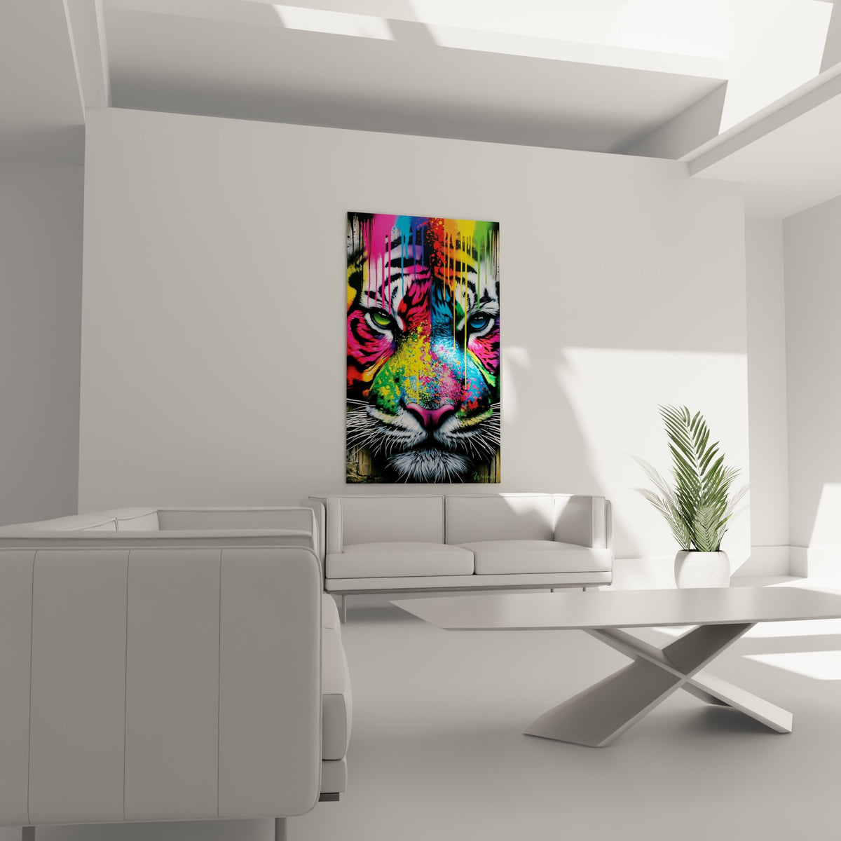 Tigre aux tons vert et jaune vifs, regard intense, disposé au-dessus d'un canapé dans un salon lumineux